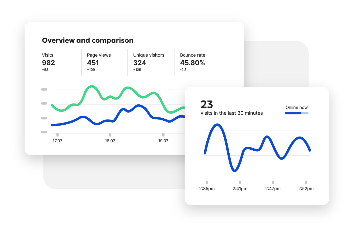 Dashboard showing overview and comparisons and line graph displaying how many visits a page has received in the last 30 minutes.